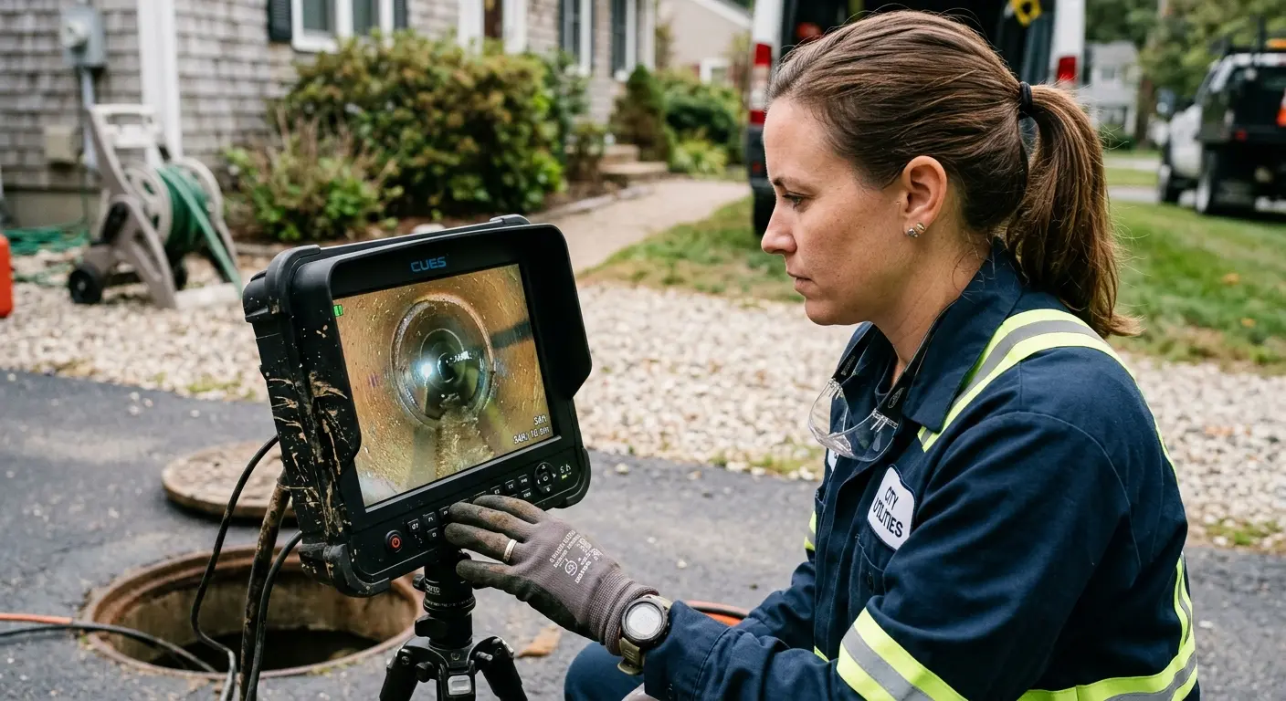 Technician reviewing sewer camera inspection footage in Yonkers