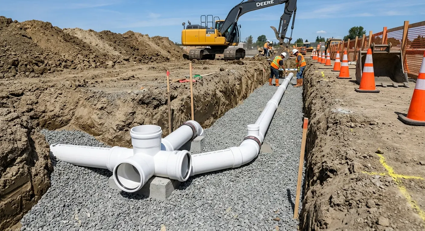 New PVC sewer pipe installation in open trench for Commercial Drain Cleaning in Yonkers