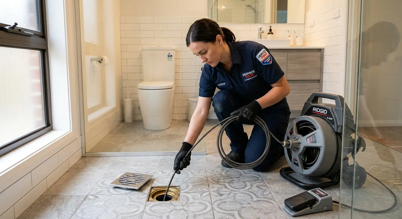 Technician clearing a bathroom floor drain for Clogged Drain Repair in Yonkers